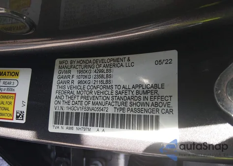 2022 Honda Accord Ex-L from USA, damaged, VIN 1HGCV1F53NA055472